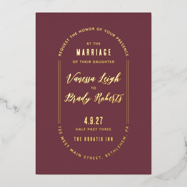 Simple Maroon Minimalist Wedding Invitation Foil Invitation (Front)
