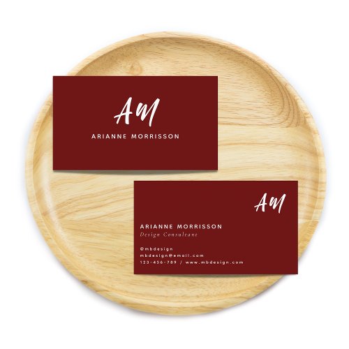 Simple Maroon Red Two Monogram Casual Script Business Card