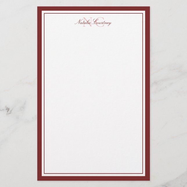 Simple Maroon Two Monogram Thick and Thin Border  Stationery (Front)