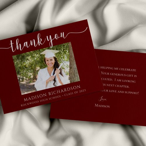 Simple Maroon  White Graduation Photo Thank You Card