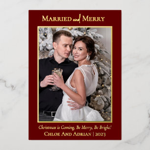 Simple Married and Merry Newlywed Christmas Photo Foil Holiday Card