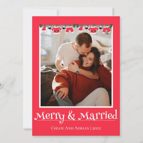Simple Married and Merry Newlywed Christmas Photo Holiday Card