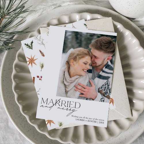 Simple Married and Merry Newlyweds Photo Holiday Card