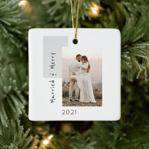 Simple Married and Merry Photo Newlywed gray Ceramic Ornament