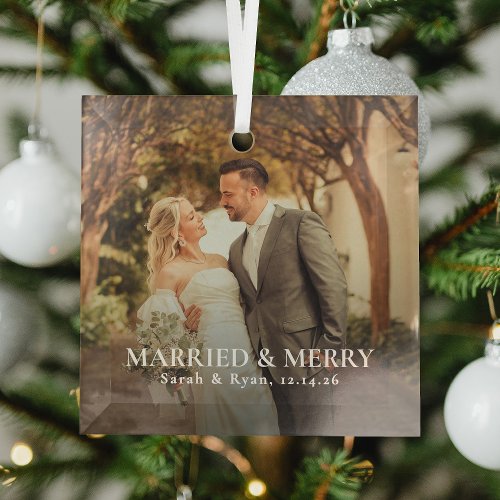 Simple Married &amp; Merry Newlywed Photo, Christmas Glass Ornament