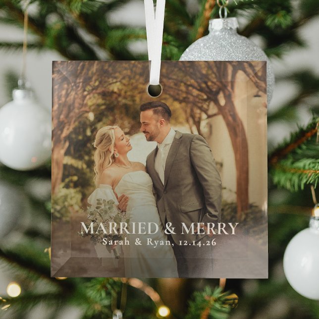 Simple Married & Merry Newlywed Photo, Christmas Glass Ornament (Creator Uploaded)