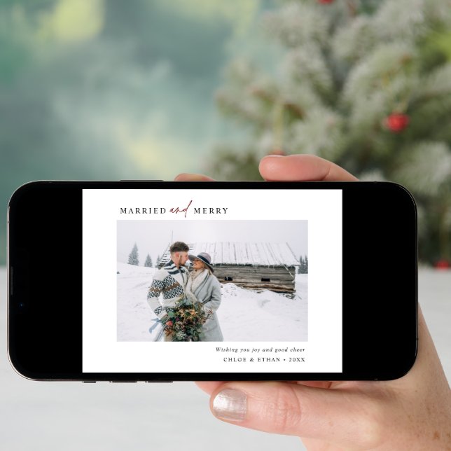 Simple Married & Merry Newlyweds Photo Landscape Holiday Card (Front Digital)