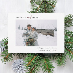 Simple Married &amp; Merry Newlyweds Photo Landscape Holiday Card