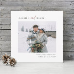 Simple Married & Merry Newlyweds Photo Square Holiday Card<br><div class="desc">Modern and simple Christmas | Holiday photo card with green and white pine branch pattern on the back. For more advanced customization of this design,  please click the BLUE DESIGN TOOL BUTTON to change font,  size,  and color.</div>