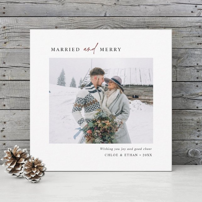 Simple Married & Merry Newlyweds Photo Square Holiday Card (Creator Uploaded)