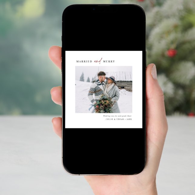 Simple Married & Merry Newlyweds Photo Square Holiday Card (Front Digital)