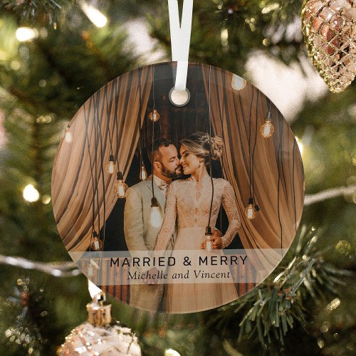 Simple 'Married &amp; Merry' Photo Keepsake Glass Ornament