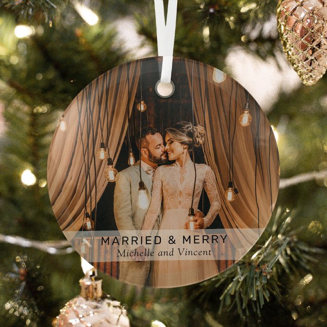 Simple 'Married & Merry' Photo Keepsake Glass Ornament (Creator Uploaded)