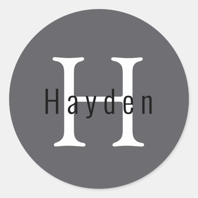 Simple Masculine Gray Monogram Name + Initial Classic Round Sticker (Front)