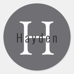 Simple Masculine Gray Monogram Name + Initial Classic Round Sticker