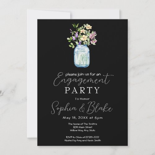 Simple Mason Jar Bouquet Black Engagement Party Invitation