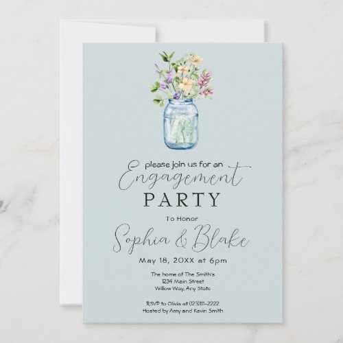 Simple Mason Jar Bouquet Blue Engagement Party Invitation