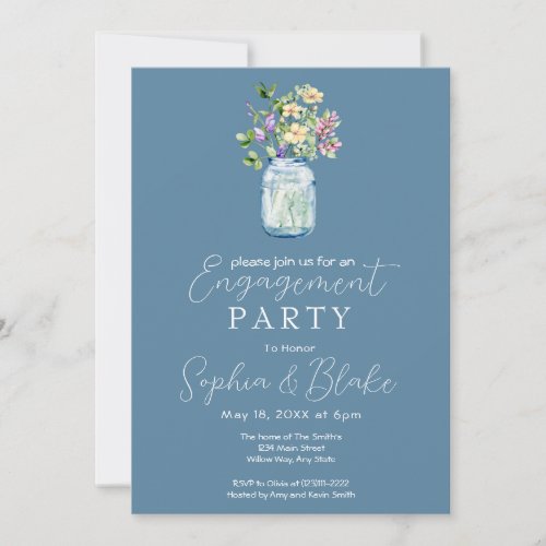 Simple Mason Jar Bouquet Blue Engagement Party Invitation