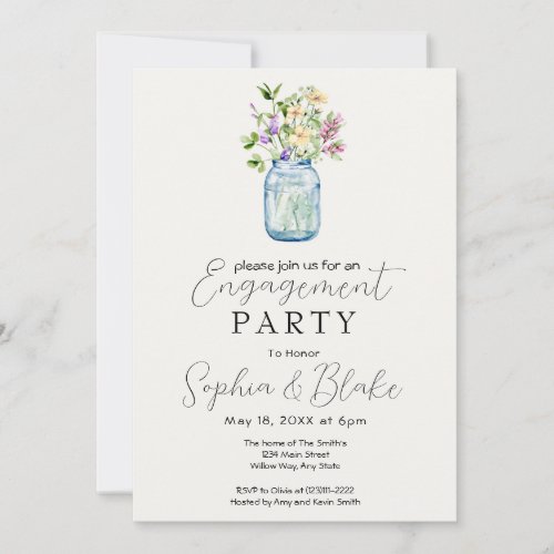 Simple Mason Jar Bouquet Cream Engagement Party Invitation