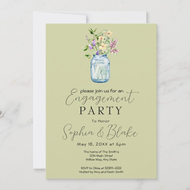Simple Mason Jar Bouquet Green Engagement Party Invitation (Front)