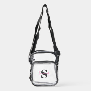 Simple Matte Black Monogram Pink Name  Clear Crossbody Bag