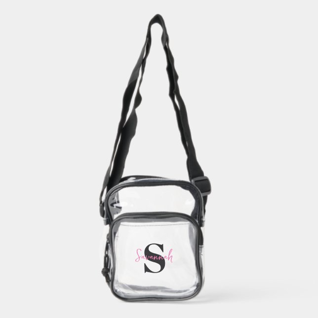 Simple Matte Black Monogram Pink Name  Clear Crossbody Bag (Front)