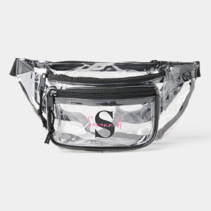 Simple Matte Black Monogram Pink Name  Clear Fanny Pack