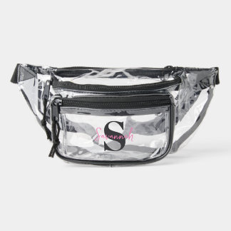 Simple Matte Black Monogram Pink Name  Clear Fanny Pack