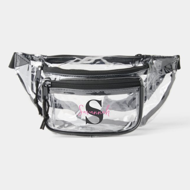 Simple Matte Black Monogram Pink Name  Clear Fanny Pack (Front)