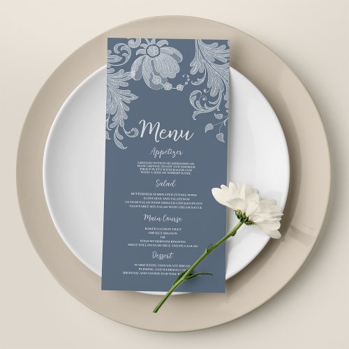 Simple mauve blue white floral lace Wedding Menu