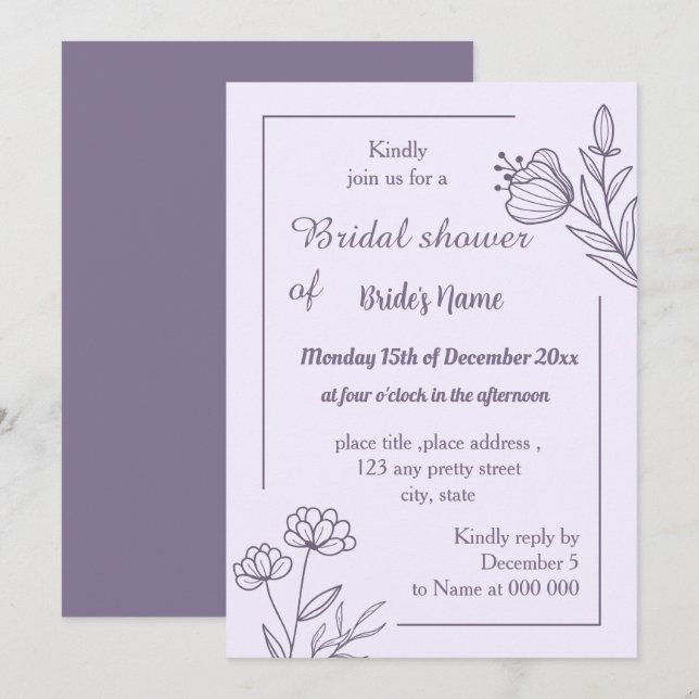 Simple mauve floral  bridal shower invitation (Front/Back)