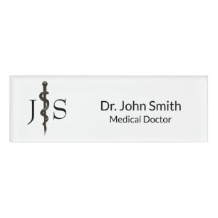 Simple Medical Asclepius Black Professional White Name Tag