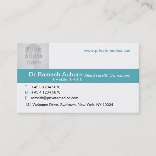 Simple medical teal/white photo business card