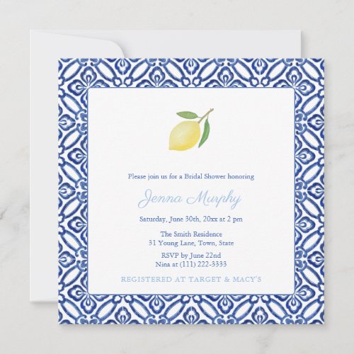 Simple Mediterranean Lemon Blue Tile Bridal Shower Invitation
