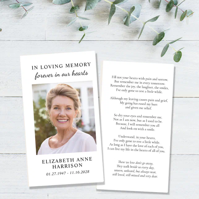 Simple Memorial Funeral Photo Prayer Card | Zazzle