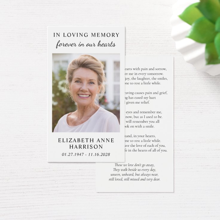 Simple Memorial Funeral Photo Prayer Card | Zazzle