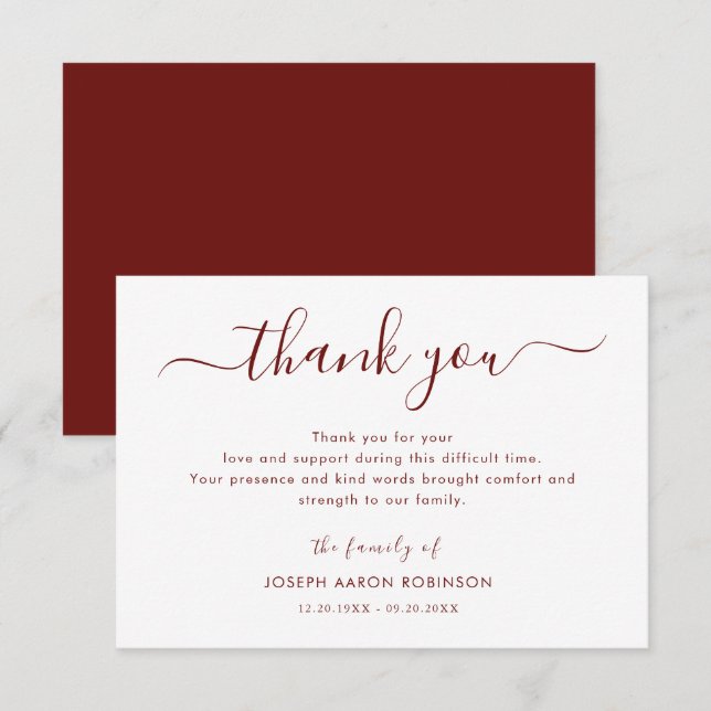 Simple Memorial Funeral Red Thank You Note Card (Front/Back)