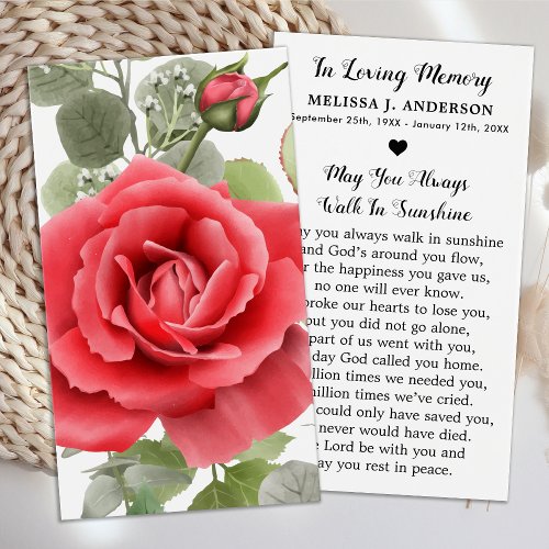 Simple Memorial Red Rose Funeral Prayer Card