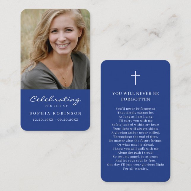 Simple Memorial Royal Blue Prayer Photo Card (Front/Back)