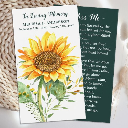 Simple Memorial Sunflower Funeral Prayer Card