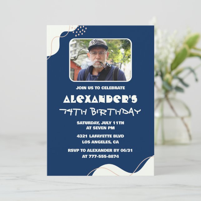 Simple Men Photo 74th birthday invitations  (Standing Front)