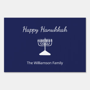 Simple Menorah Happy Hanukkah Navy Blue Sign