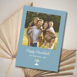 Simple Menorah Modern Family Photo Hanukkah Holiday Card<br><div class="desc">Modern Family Photo Hanukkah greeting card,  with a simple menorah on a trendy teal green background. With white customizable typography lettering,  you add your own information. You also add your own photo to make your card extra special. Great for sending loving wishes to friends and family this holiday season.</div>