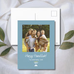 Simple Menorah Modern Family Photo Hanukkah Holiday Postcard<br><div class="desc">Modern Family Photo Hanukkah postcard card,  with a simple menorah on a trendy teal green background. With white customizable typography lettering,  you add your own information. You also add your own photo to make your card extra special. Great for sending well wishes to friends and family this holiday season.</div>