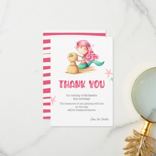 Simple Mermaid 1st Birthday Party  Thank You Card