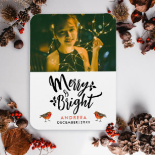 Simple Merry And Bright Christmas Robin Photo Typo Magnet