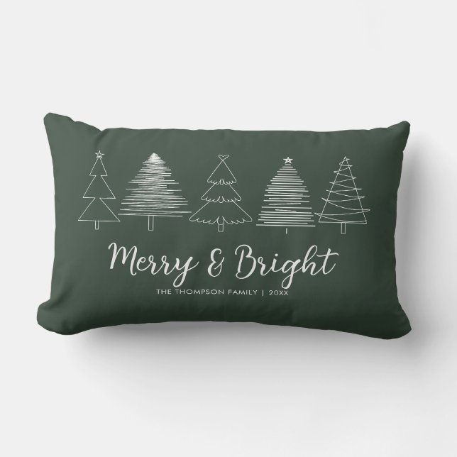 Simple Merry and Bright Deep Green Family Name Lumbar Pillow (Front)