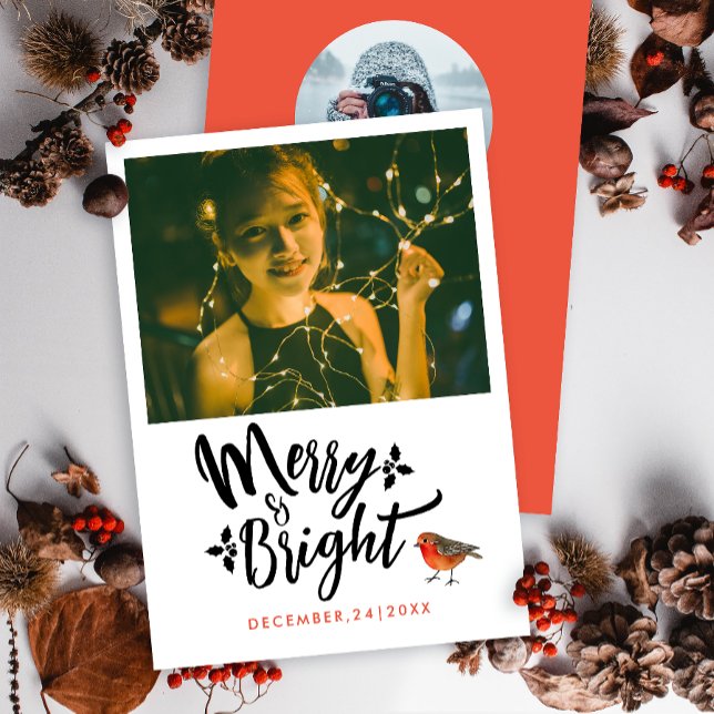 Simple Merry And Bright Red Christmas Robin Photo Holiday Card (Creator Uploaded)