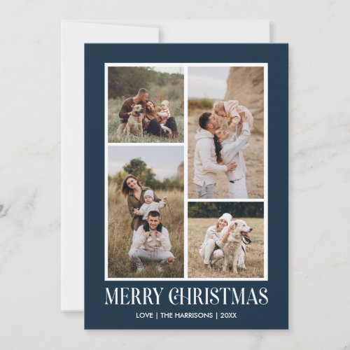 Simple Merry Christmas 4 Photo Collage  BLUE Holiday Card