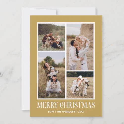 Simple Merry Christmas 4 Photo Collage  GOLD Holiday Card